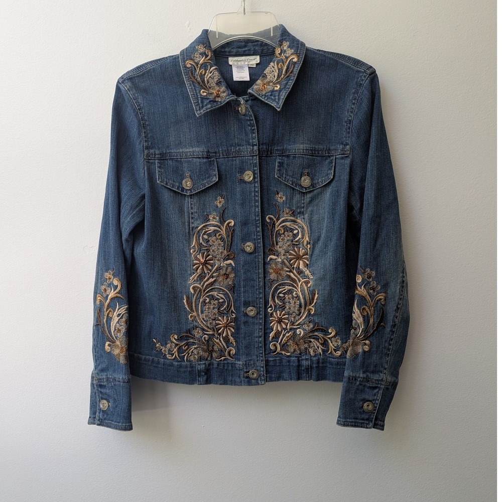 Vtg Coldwater Creek Denim Jacket Floral Embroidered Beaded Boho Fall Festival